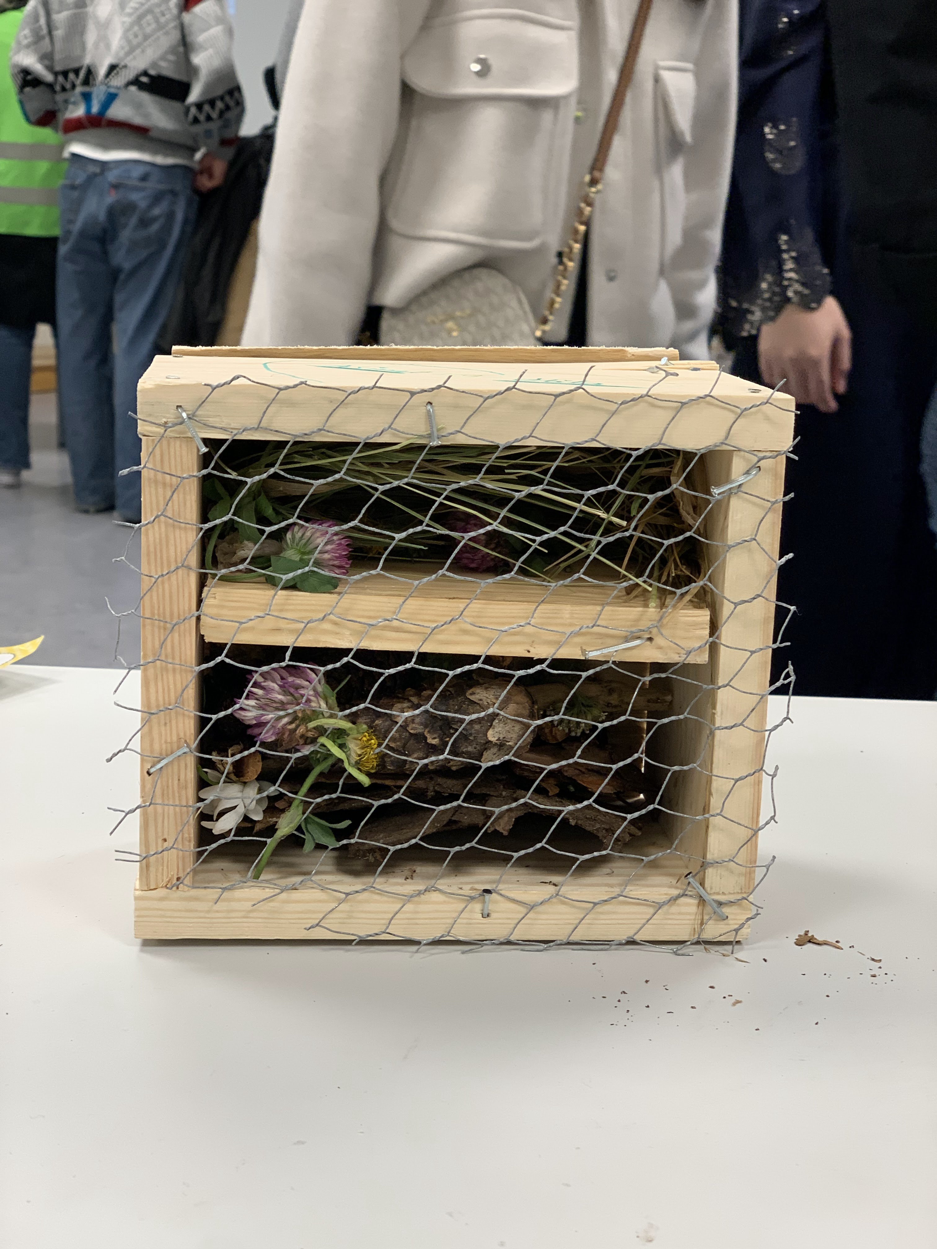 en trekasse med blomster inni