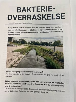 En avisartikkel med vei og bygninger
